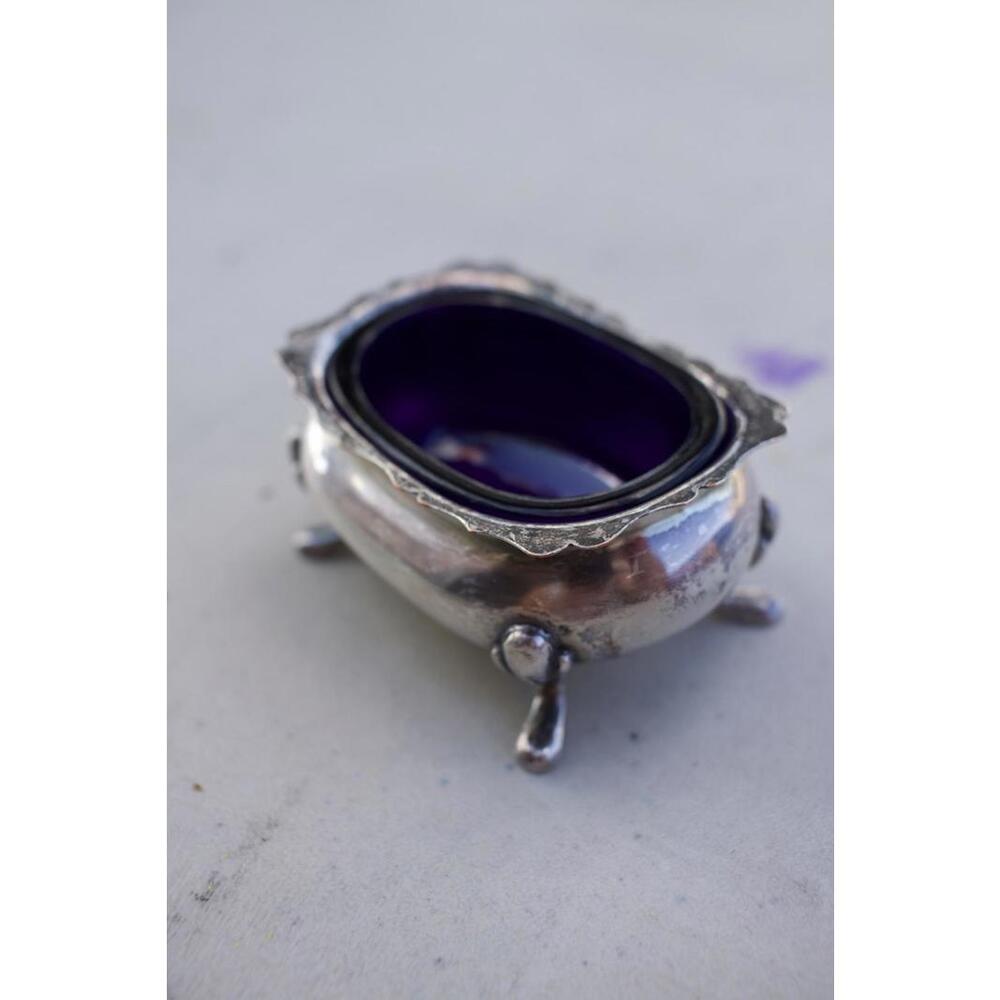 Vintage Silver Footed Salt Cellar with Purple Glass Insert